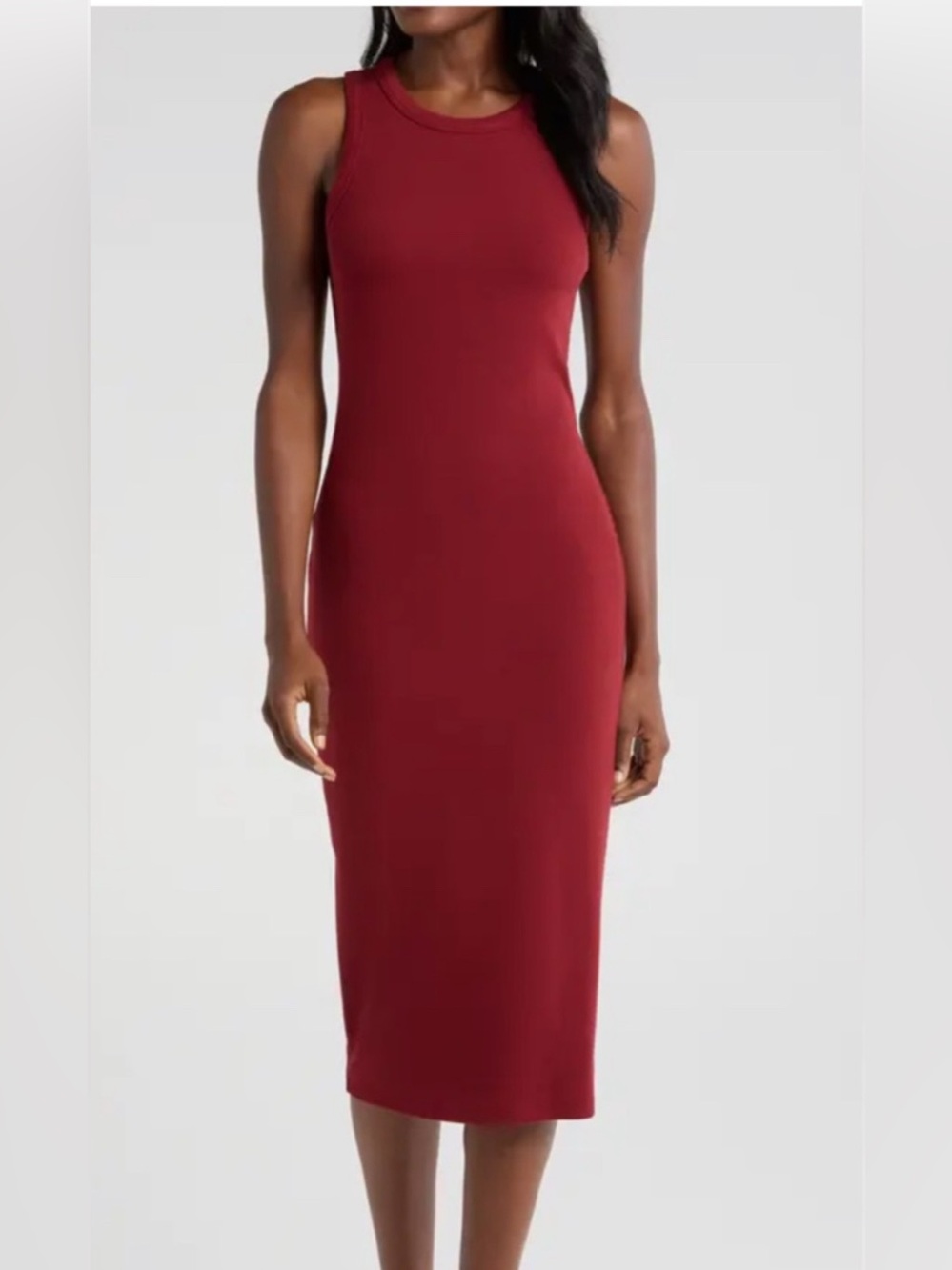 L'AGENCE Sleeveless Ribbed Midi Bodycon Dress in Red | XS